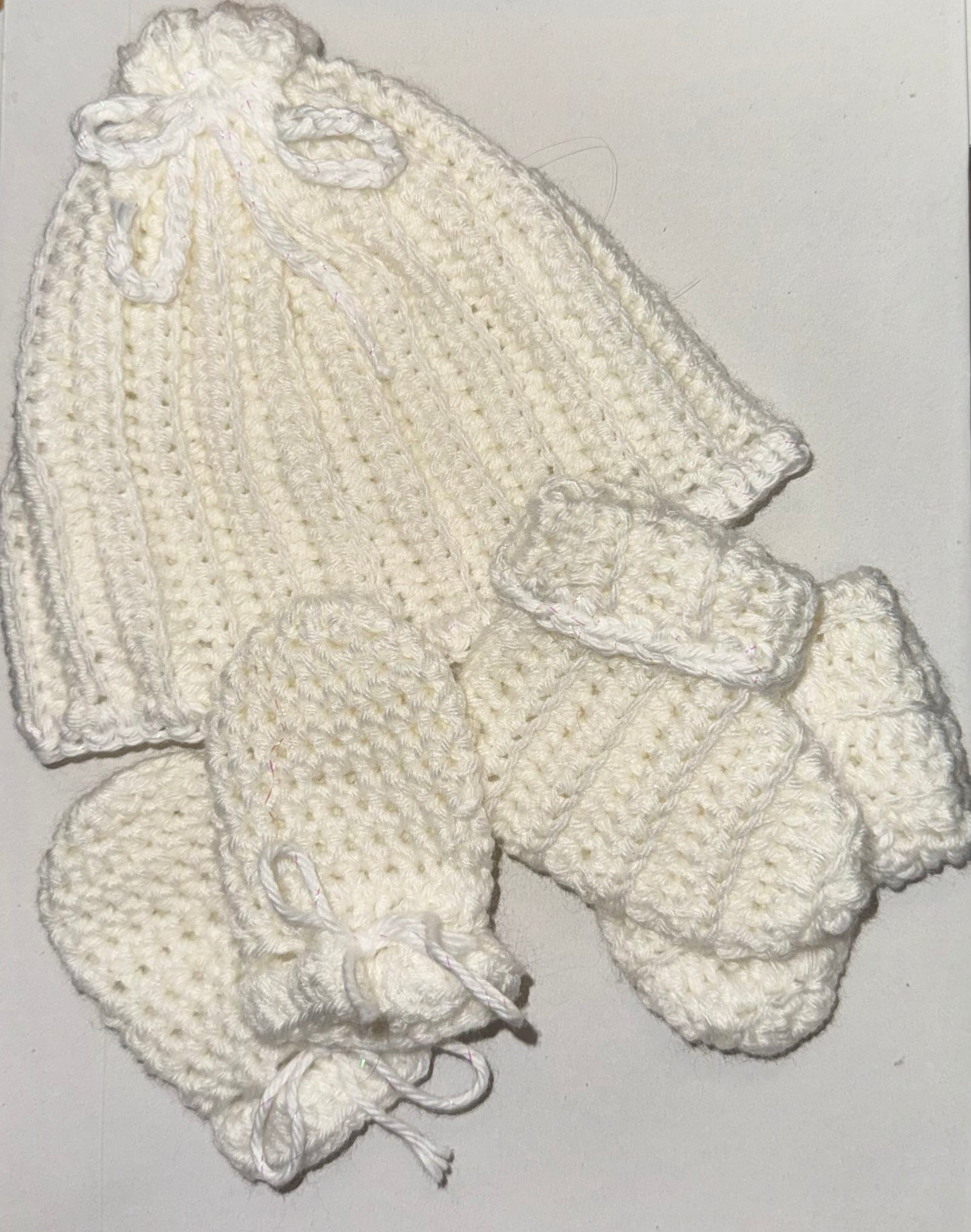 Baby hat, booties, mitten set